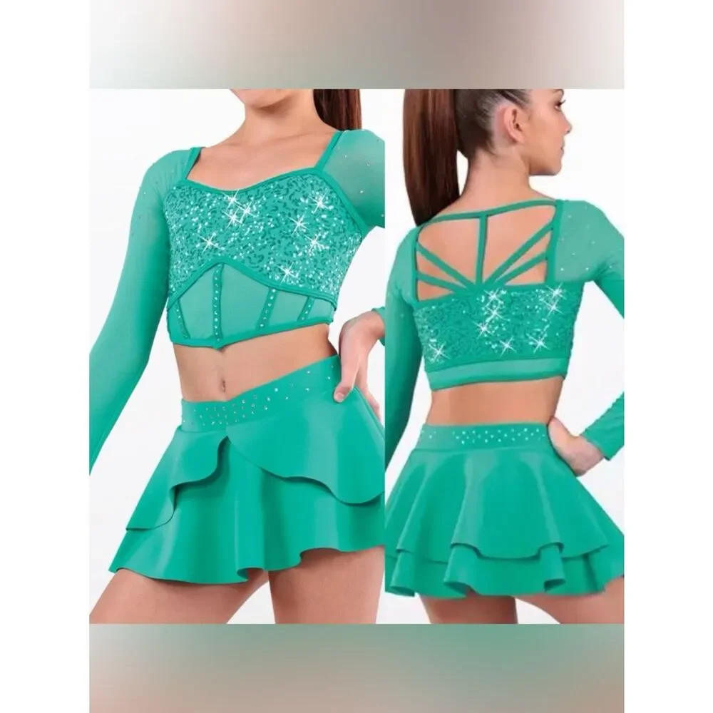 WEISSMAN Elite Dance Costume Kelly green sequin Pink Pony Club 17580 LC child